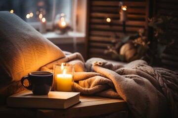 hygge concept of living. Scandinavian rustic cabin home interior design with candlelight cozy lighting. Book, candles and tea mug. 