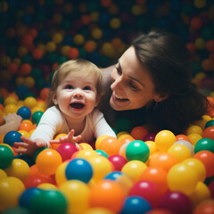 Fototapeta na wymiar Daughter and mother playing in a ball pit. 