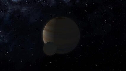 Orange planet rotating in deep space with one gray moon