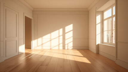 Obraz premium Sun-drenched empty room with shadow play on the hardwood floor from large windows