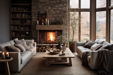 hygge cozy scandinavian home living room apartment interior with fireplace
