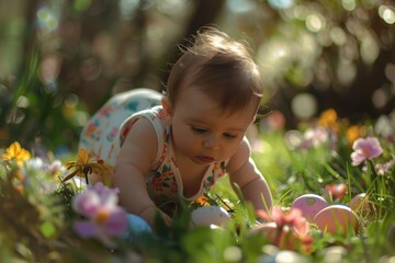 A Heartwarming Moment Captured: Baby's First Easter Egg Hunt in the Blossoming Spring Garden