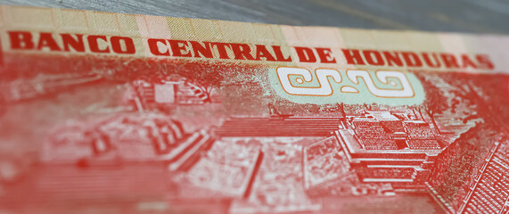 Closeup of old Honduras central bank Lempira currency banknote (focus on center)