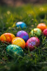Fototapeta na wymiar A Vibrant Display of Easter Celebration: An Array of Rainbow-Colored Eggs Nestled Gently in the Fresh Spring Grass