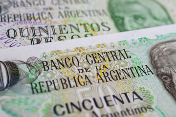 Closeup of Argentina Peso old currency banknote of central bank (focus on center)