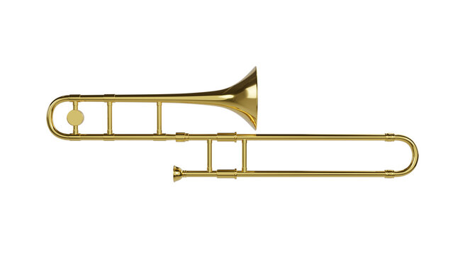 Brass trombone isolated on transparent and white background. Music concept. 3D render