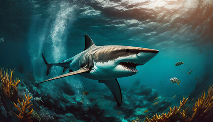 Obraz premium Underwater view with a hark, reef and marine life 