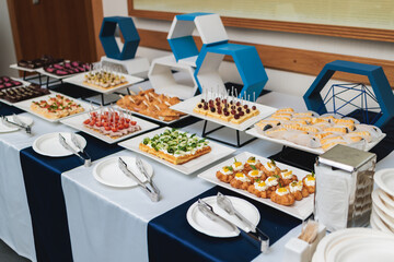 Beautifully decorated banquet catering table, with variety of with different food snacks appetizers on corporate birthday party event or wedding celebration, canape, salad, delicatessen setting