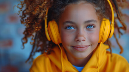 Teenage girl experiences musical ecstasy, headphones enhancing the euphoria