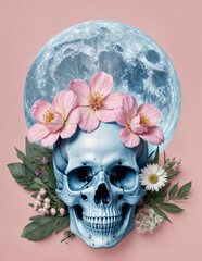 A blue skull with pink flowers on top, a blue moon in the background, and pink and blue colors throughout.