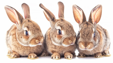 Three adorable bunnies are lying down on a white background