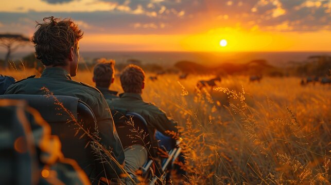 Group sitting in chairs in grassland, watching sunset over horizon