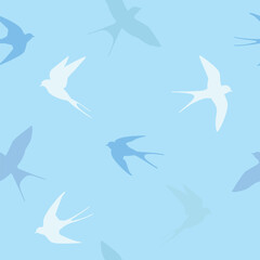 Swallows  seamless pattern. Blue background with silhouettes of flying birds. Vector cartoon flat illustration.