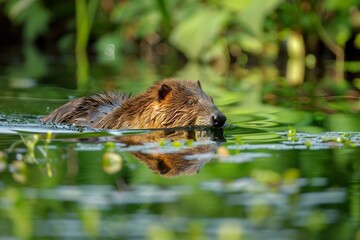 A beaver swimming in a pond with its reflection visible amidst greenery.