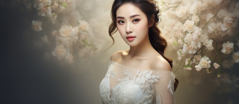 A painting showcasing a beautiful Asian woman elegantly dressed in a white gown, exuding grace and sophistication. The woman is the central focus of the artwork, capturing the viewers attention with