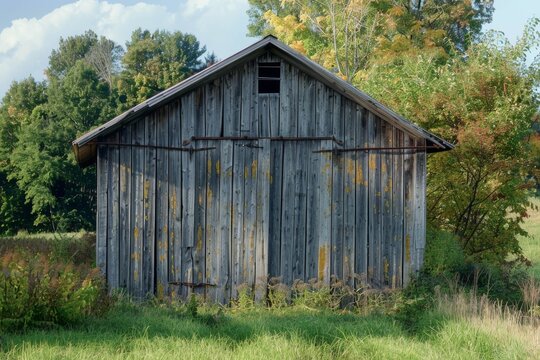 A weathered wooden barn surrounded by lush greenery and trees under a clear sky.