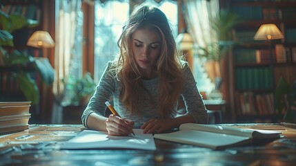 a woman is sitting at a table writing in a notebook
