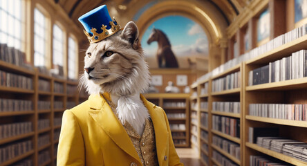 AI generated fantasy portrait of a cheetah with a yellow suit and a crown inside a library. 