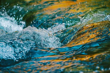 A close-up shot capturing the dynamic and colorful movement of water waves.