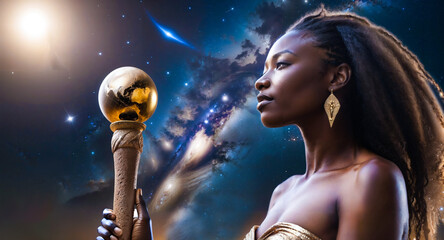 AI generated African woman in a magical environment with the universe as a background 