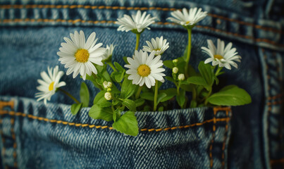 delicate daisies blooming in blue denim jeans pocket on a textured background