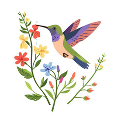 Hummingbird Sipping Nectar from Flowers in Bloom. Vector Icon Illustration. Animal Nature Icon Concept Isolated Premium Vector. 