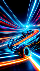 Racing car driving through tunnel of neon lights in race track.