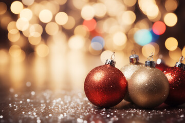 Chistmas light background, with bokeh orbs and baubles