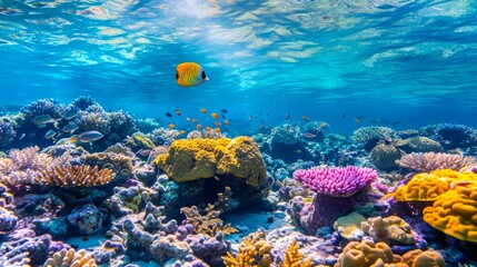Colorful fish swimming among vivid coral reef. Concept of tropical fish diversity, coral reef ecosystem, and underwater wildlife.