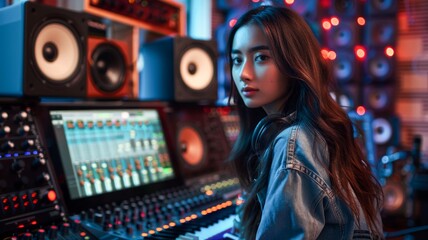Woman Operating Mixing Desk. Generative AI
