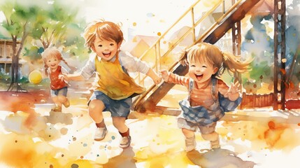 Happy kids play at playground. Concept of childhood joy, outdoor activities, friendship, happiness, summertime, and diverse youth. Watercolor art