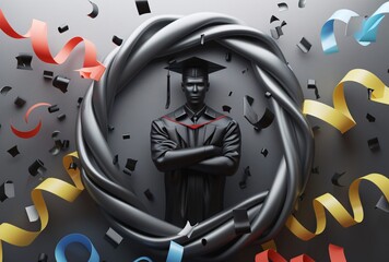 a statue of a man in a graduation cap and gown surrounded by confetti
