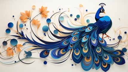 Stylized peacock illustration with abstract feathers. Concept of graphic art, bird design, decorative patterns, modern decor.