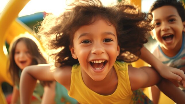 Joyful kids of different nationalities play at the playground. Concept of childhood joy, outdoor activities, friendship, summertime, happiness, and diverse youth.