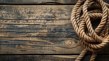 Obraz premium Coiled rope on a rustic wooden plank background