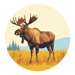 Moose Grazing in a Meadow. Vector Icon Illustration. Animal Nature Icon Concept Isolated Premium Vector. 