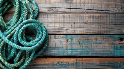 Coiled turquoise rope on weathered wooden planks, nautical theme - Powered by Adobe