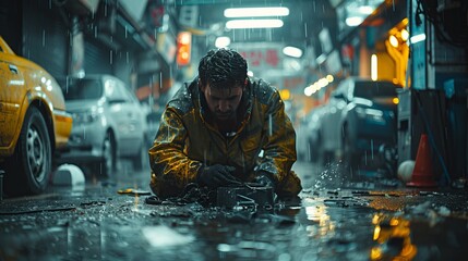 A man in a yellow jacket kneels on the wet ground in the rain - obrazy, fototapety, plakaty