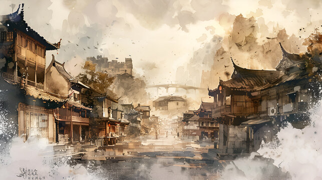 Artistic Style Painting of Ancient Chinese Villages Chinese Cities