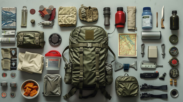 Bug-out bag laid out on a neutral background.