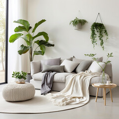 Grey sofa with pillows and plaid, greenery. Scandinavian, hygge home interior design of modern living room.