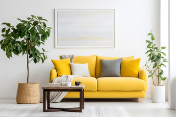 Vibrant yellow sofa and plant in wicker basket. Scandinavian home interior design of modern living room.