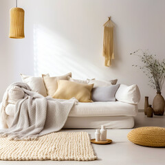 Cozy sofa with pillows and knitted plaid. Scandinavian, hygge, boho home interior design of modern living room.