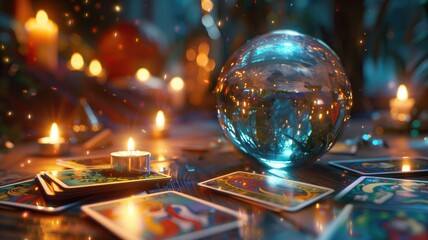 Fototapeta premium Tarot cards and crystal ball with festive lights background