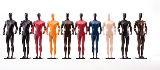 A group of adult mannequins are standing next to each other in a row. They are all posed in a neutral position, displaying different styles of clothing. - obrazy, fototapety, plakaty