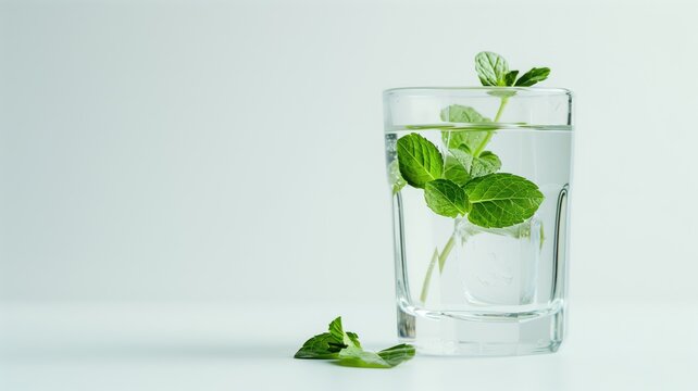 Glass of clear water infused with fresh green mint leaves on a white background