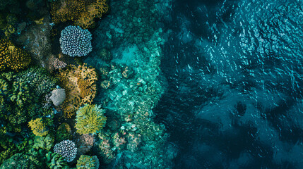 A serene aerial perspective of a coral reef within crystal-clear waters. - obrazy, fototapety, plakaty