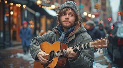 a man is playing a guitar on a city street