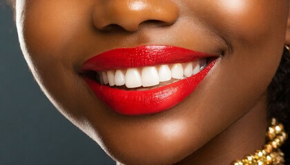 Boca sonrisa hermosa con labios rojos mujer negra - obrazy, fototapety, plakaty