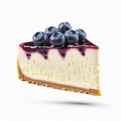 Piece of cheesecake with blueberries, isolated on white background. Blueberry cheesecake